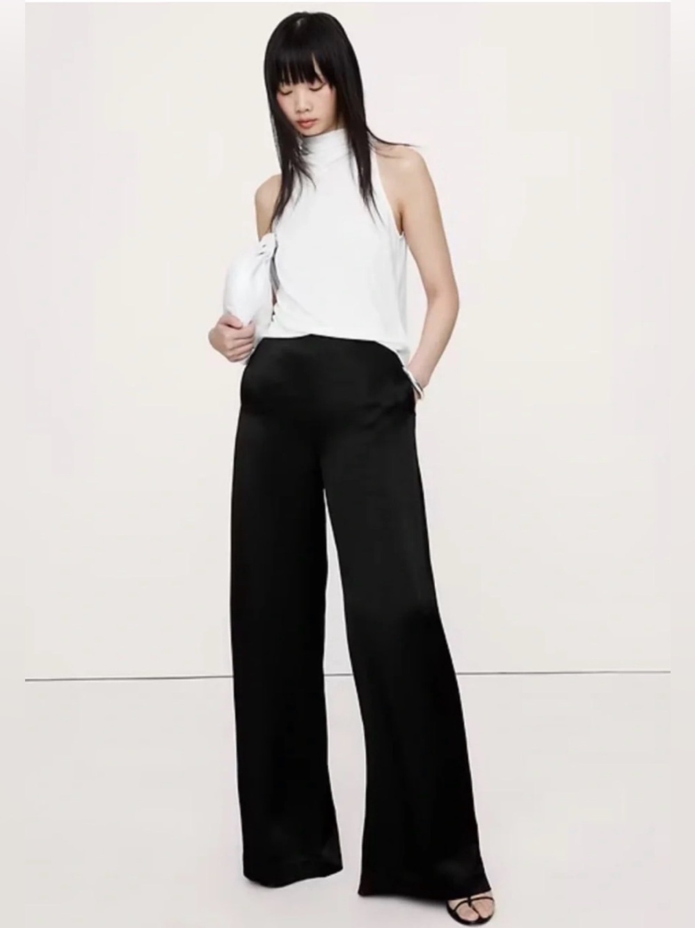 NWT Banana Republic High Rise Wide Leg Hammered Satin Black Palazzo Pant Sz 0.